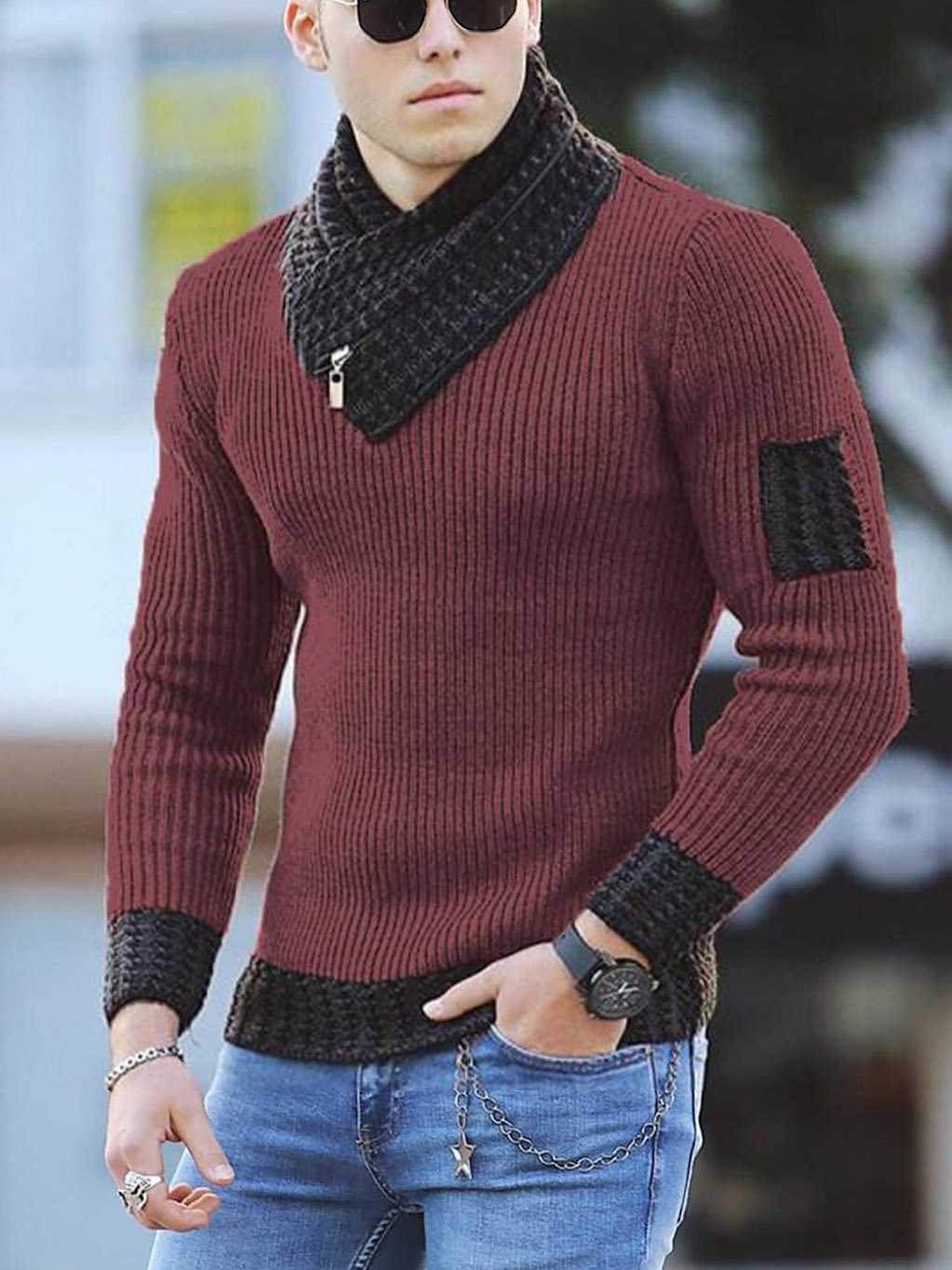 Men's Casual Slim Knit Pullover Long-sleeved Scarf Collar Sweater