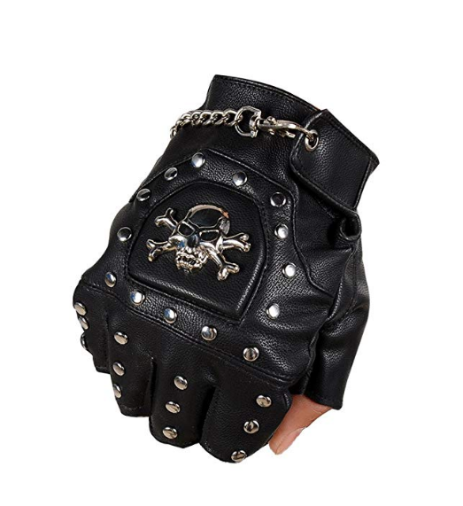 Men Punk Rock Leather Biker Fingerless Driving Cycle Gloves Skull Chain