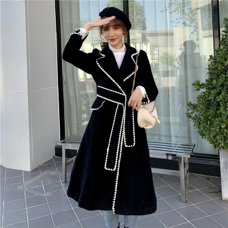 Wave edge suit collar long wool coat Korean slim tie coat - CJdropshipping