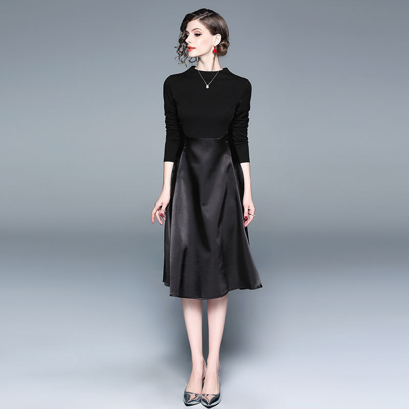 Mock Neck A-line Shape Contrast Satin Black Dress