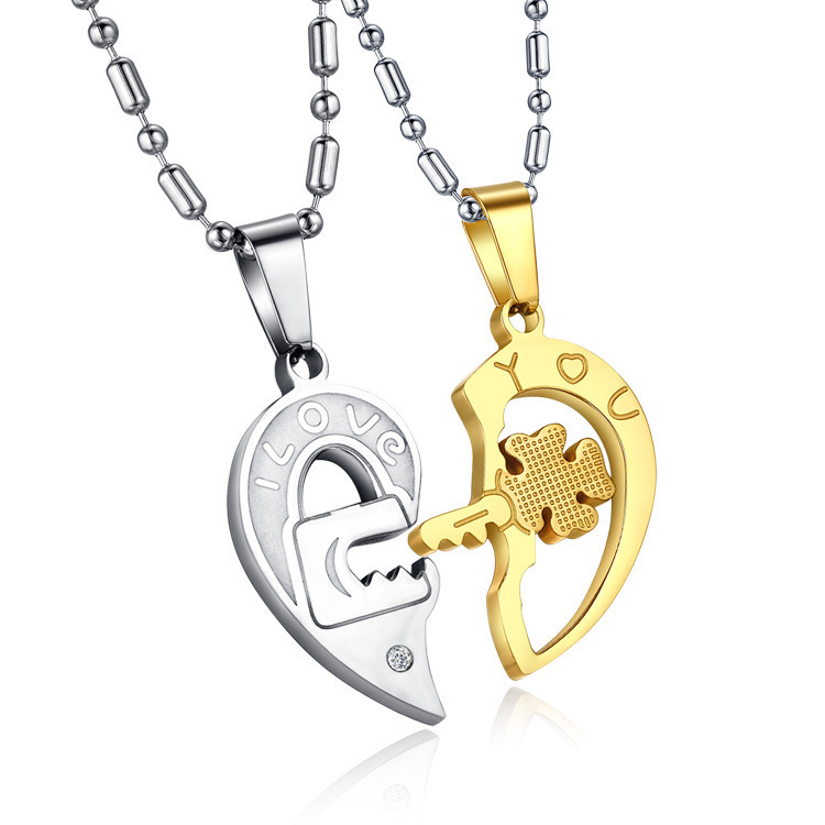 25ce03ee f496 40a8 8536 39d8e84bc574 Couple Necklace Lock Pair Of Love Shaped Key Titanium Steel Pendant