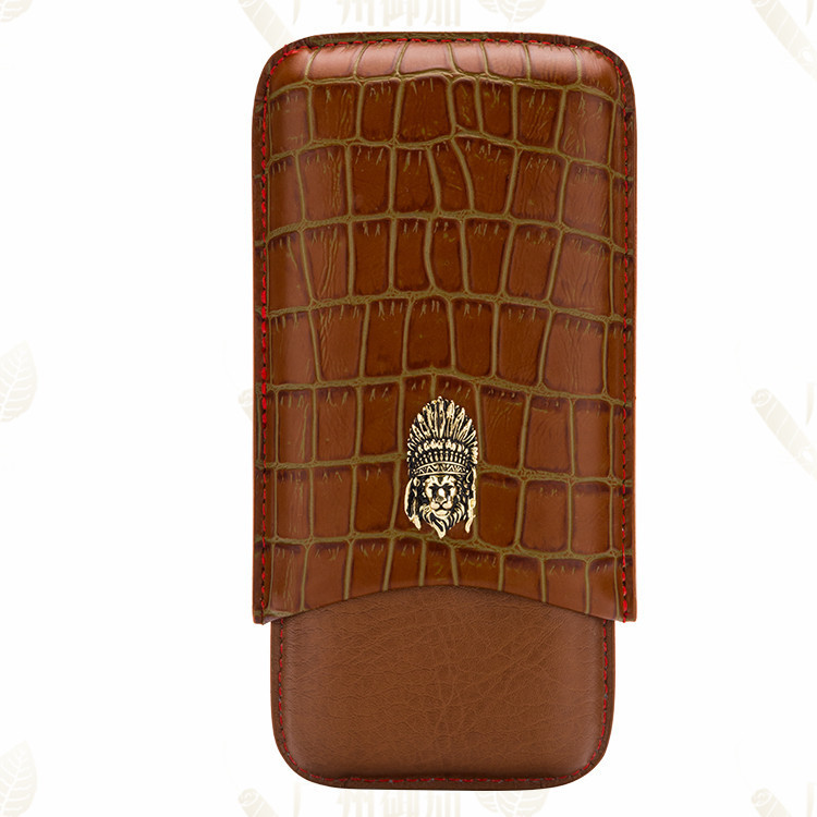 Brown Leather Embossed Portable Three-pack Cigar Moisturizing Leather Case