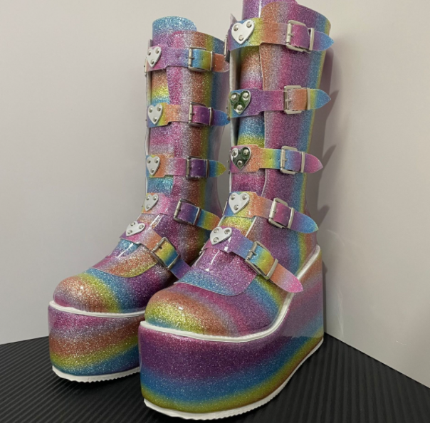 Gothic Platform Boots with Large Metal Buckle Clasps Rainbow