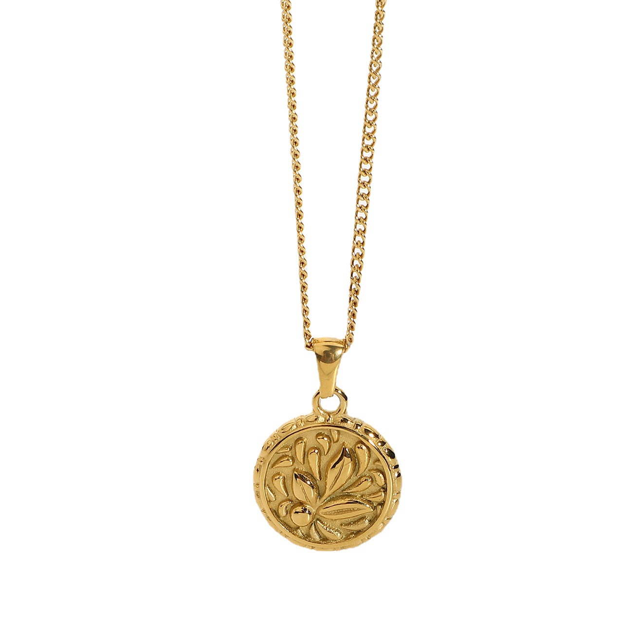 2b97dbef 0e56 4c8b 9569 3564d8684ad6 18K Gold Plated 316L Stainless Steel Flower Coin Pendant Necklace