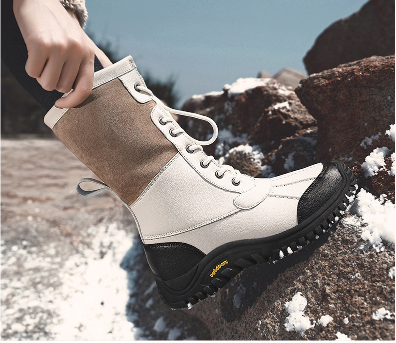 High Top Waterproof Lace-up Plush Lining Snow Pu Leather Boots