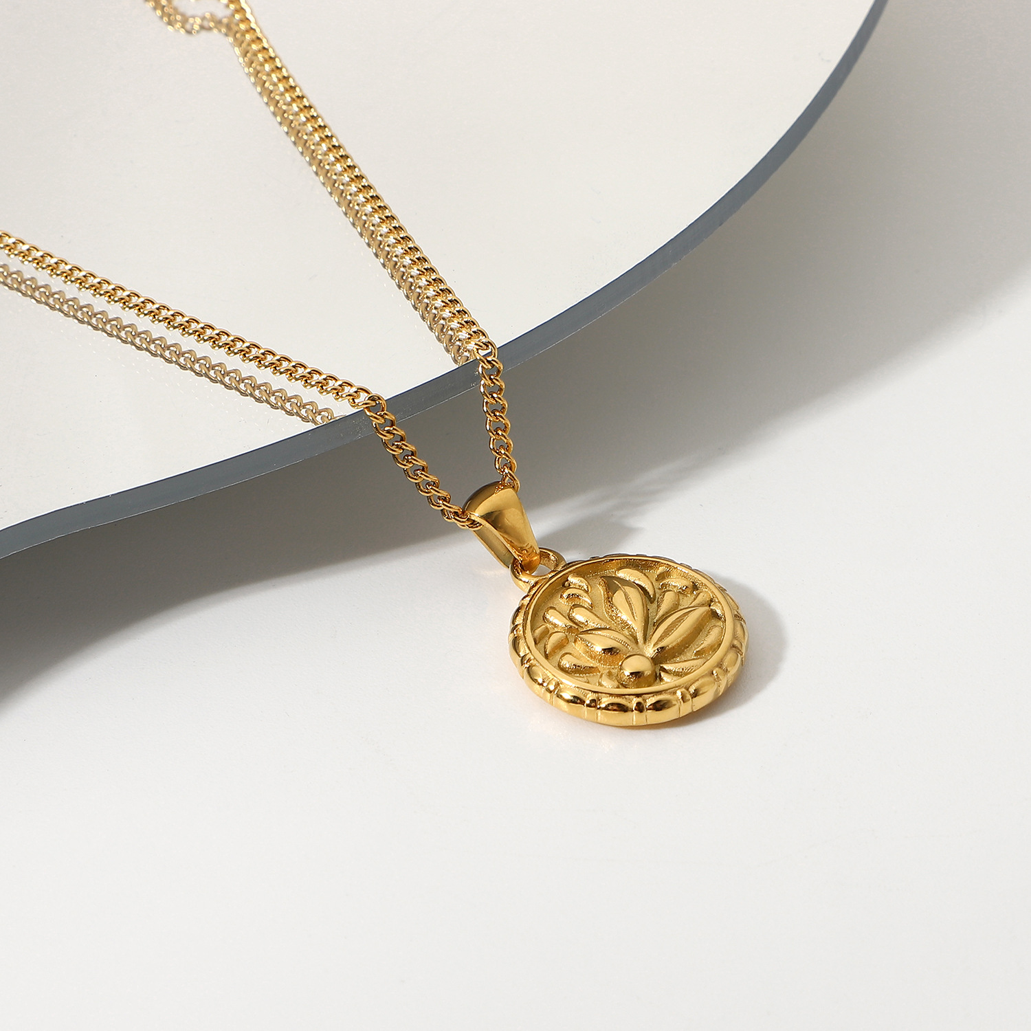 340d49c2 52d8 4cc2 80a2 bf43a8f300b4 18K Gold Plated 316L Stainless Steel Flower Coin Pendant Necklace