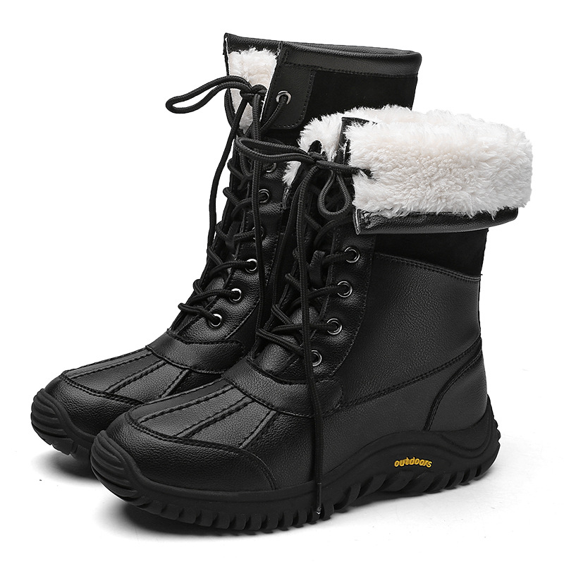 High Top Waterproof Lace-up Plush Lining Snow Pu Leather Boots