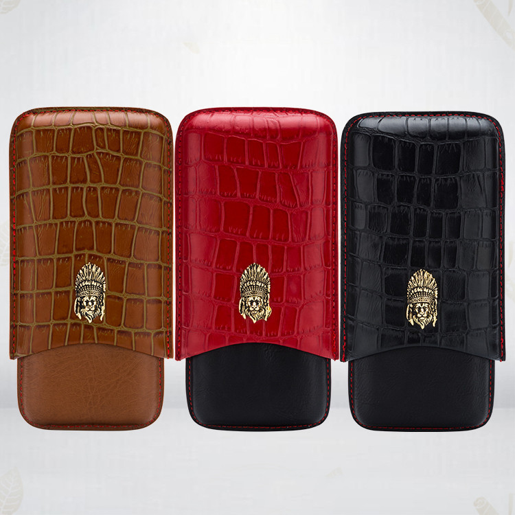 Three Leather Embossed Portable Three-pack Cigar Moisturizing Leather Case