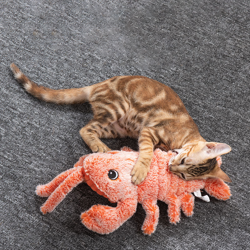 A cat cuddling with a jumping shrimp cat toy.