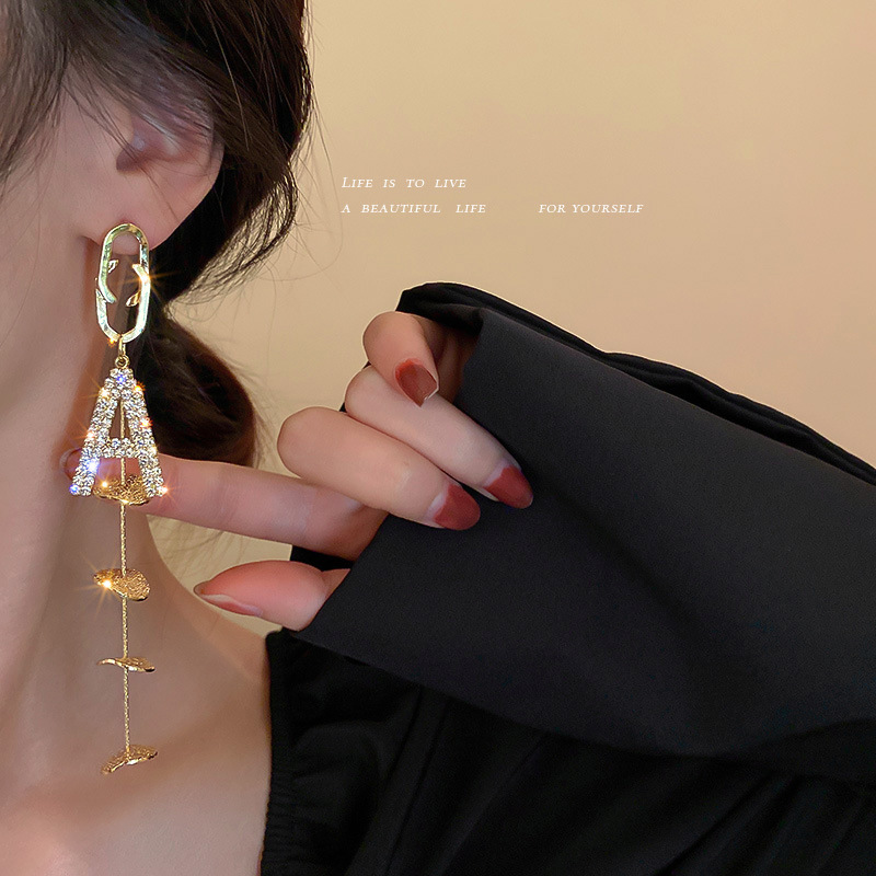 3de98c1b 757f 420b 8cd7 3b0ca3fa61e1 Silver Needle With Diamonds And Geometric Letters Tassel Earrings Long
