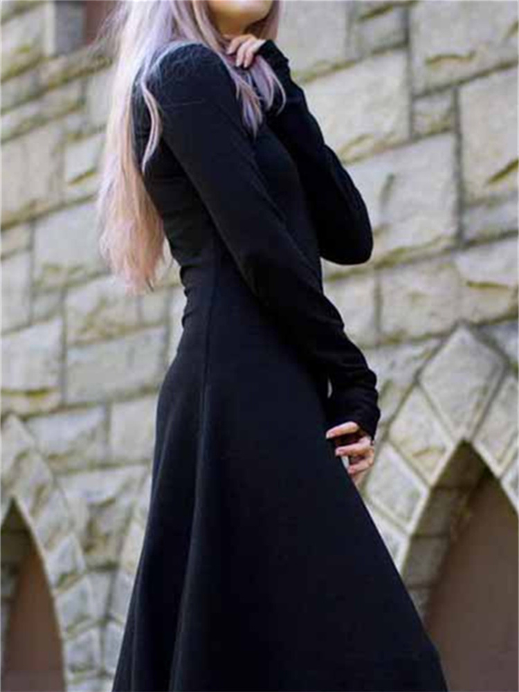 Side View of Woman Gothic Long Sleeve Dress - Vintage Black Train Skirt Style