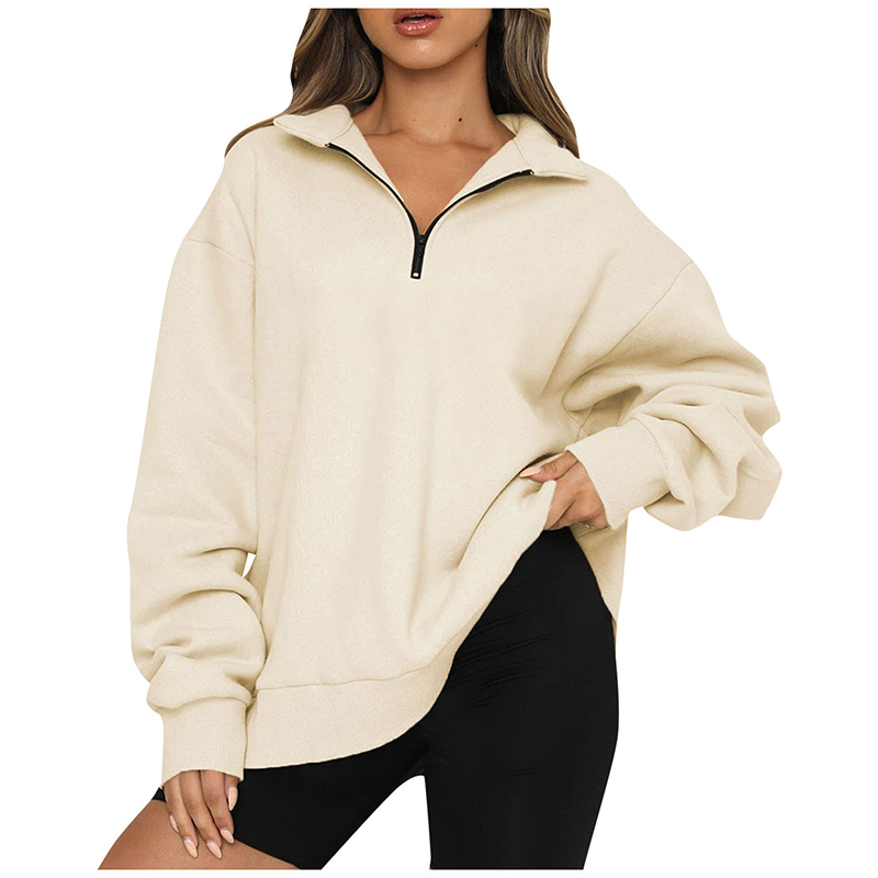 Women Sweatshirts Zip Turndown Collar Loose Casual Top