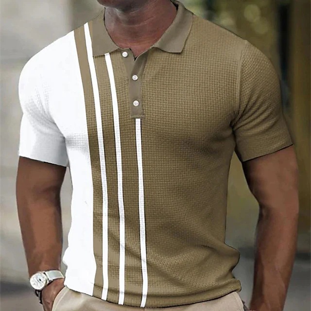 Men Buttoned Lapel Collar Contrast Stripe Print Polo Shirt