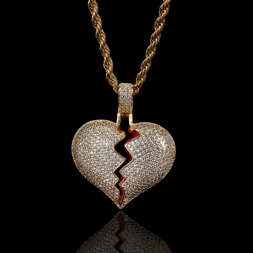 4cc7527e b5cf 4b3b a6be 469ed8ff6fe2 Hip Hop Copper Set Zircon Broken Heart Shape Pendant Real Gold Electroplated Couple Necklace