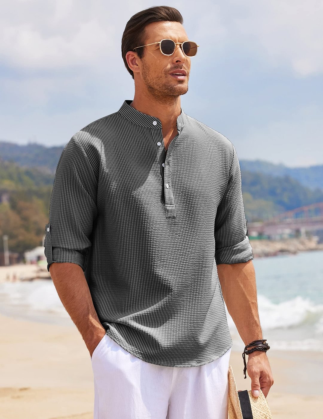 Men's Casual Shirt Long Sleeve Stand Collar