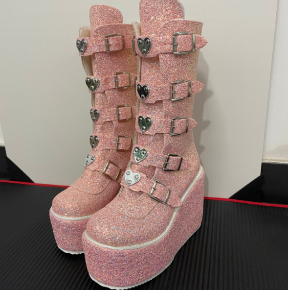 Gothic Platform Boots with Large Metal Buckle Clasps Fluffy Pink