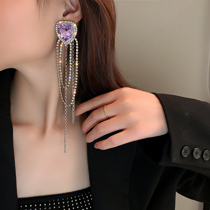 Silver Needle Inlaid Diamond Love Heart Tassel Earrings Exaggerated All-match 5 4ed53fd8 417a 4b92 bc50 f326adbbac85 Silver Needle Inlaid Diamond Love Heart Tassel Earrings Exaggerated All-match