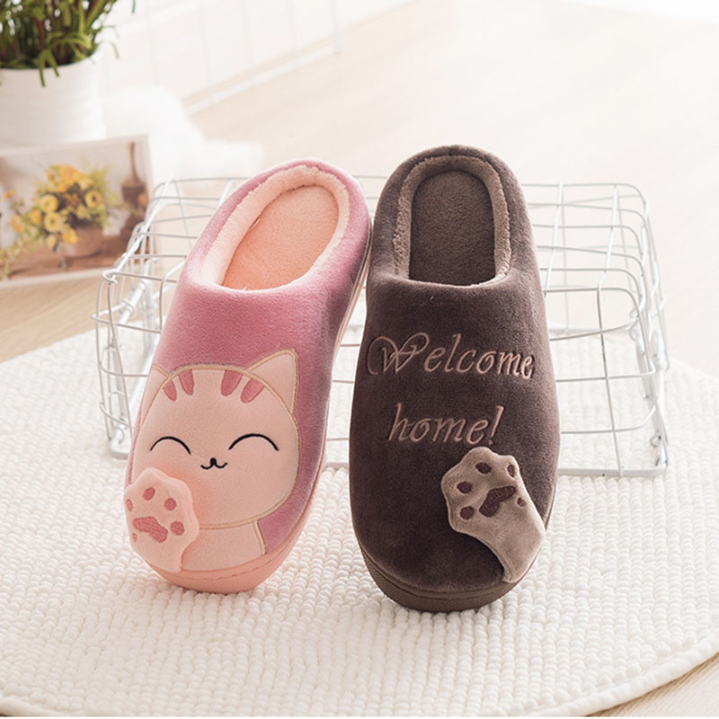 Cute Cat Slippers Women Men Winter Plush Home Shoes - CJdropshipping