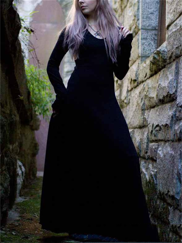 Front View of Woman Gothic Long Sleeve Dress - Vintage Black Train Skirt Style