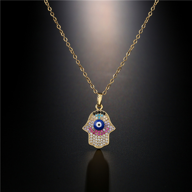 5810a0c3 5ddb 4a9e 9515 d0b1ba554a47 Fashion Palm Demon Eyes Drop Oil Copper Plated Real Gold Micro Inset Zircon Necklace Female