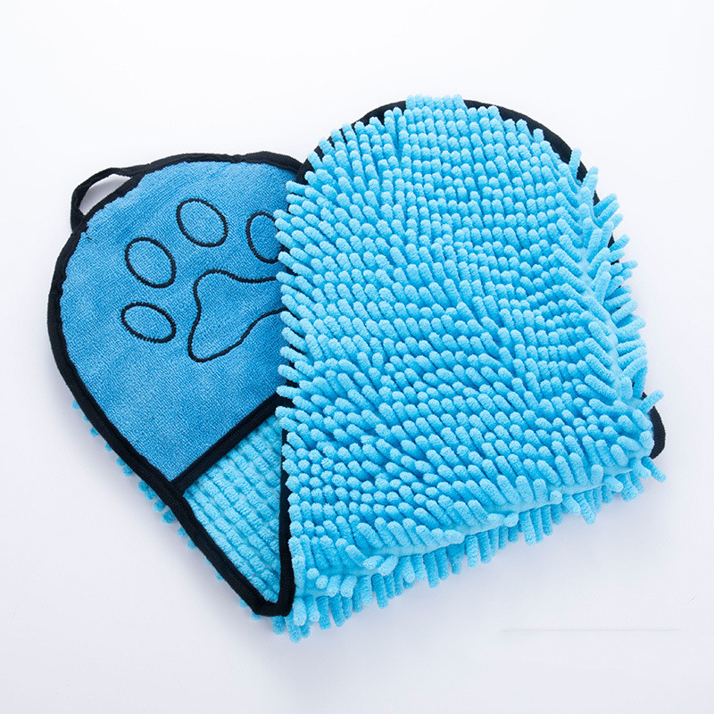 A blue dog bathing towel.