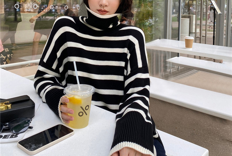 Title 8, Fashion Striped Turtleneck Sweater Casual Loose...