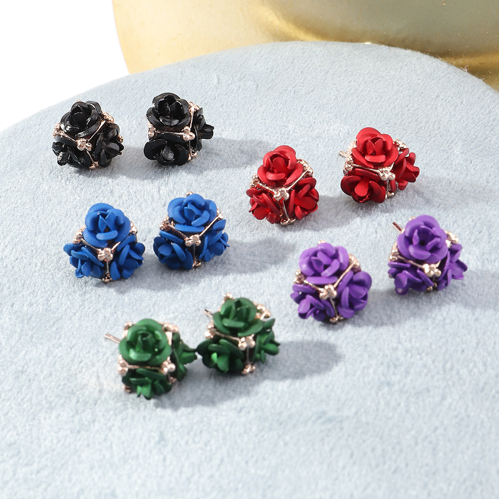 5c81b998 8423 4522 80a5 100d50062752 Retro Temperament Stereo Rose Stud Earrings Cute Multicolor Flower Earrings