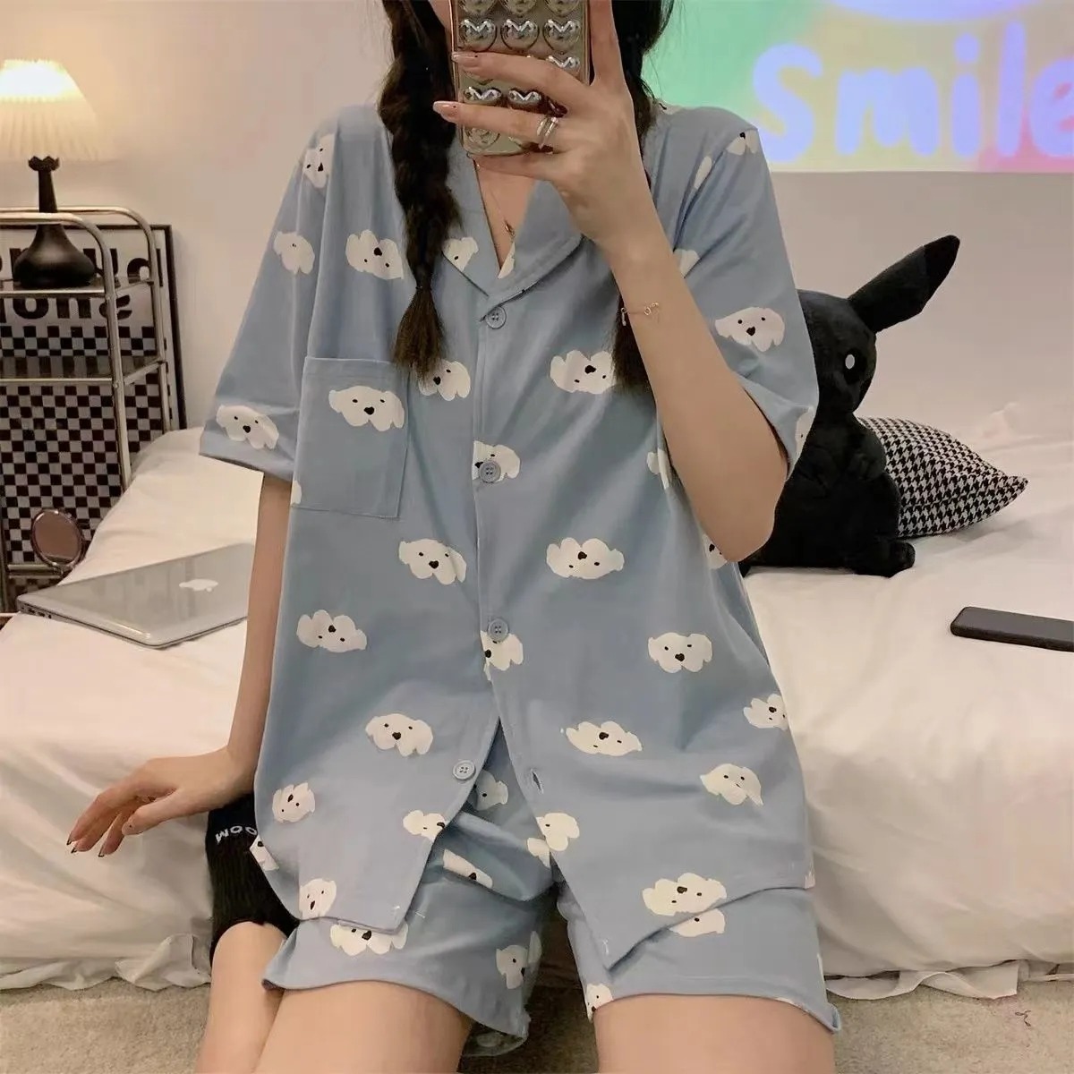 thin Cloud Pajamas Set Blue Kawaii Pajamas fo summer