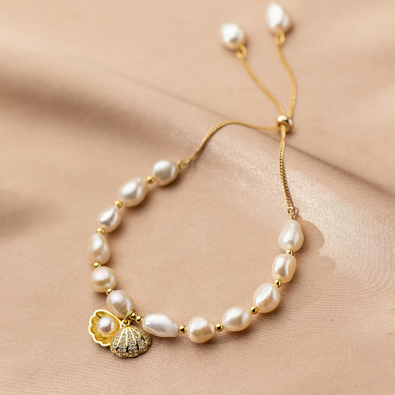 646a4171 e0e0 43fb 9542 2bcd74c3cb04 S925 Silver Pearl Diamond Inlaid Shell Small Gold Bead Bracelet