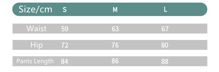 size chart of high waisted leggings with tummy control