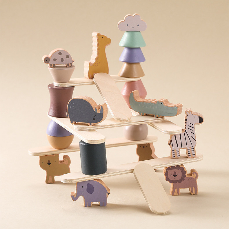 Soulful Trading's Montessori Educational Wooden Toy featuring animal shapes and colorful blocks on a beige background is designed to enhance fine motor skills.