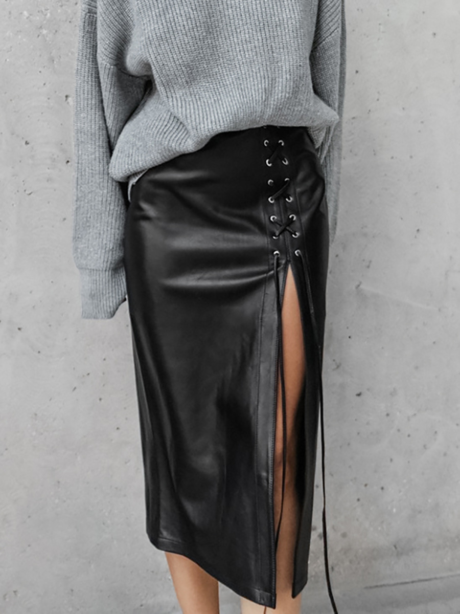 Laced Black Leather Skirt | Side Split Punk Vegan-friendly