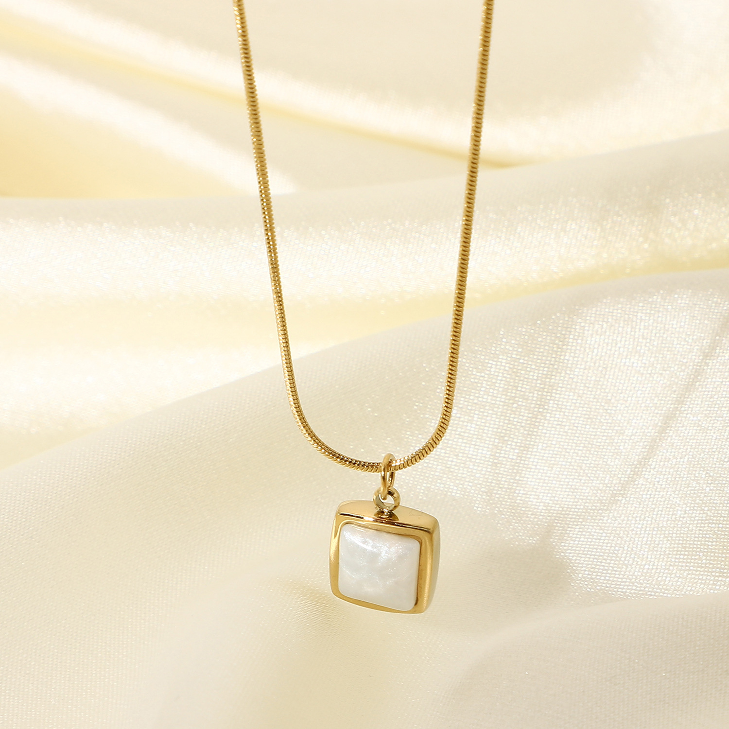 6a61997d 1461 46ae b970 18553b77f076 14K Gold Plated Stainless Steel Necklace Square White Jade Pendant Women's Jewelry