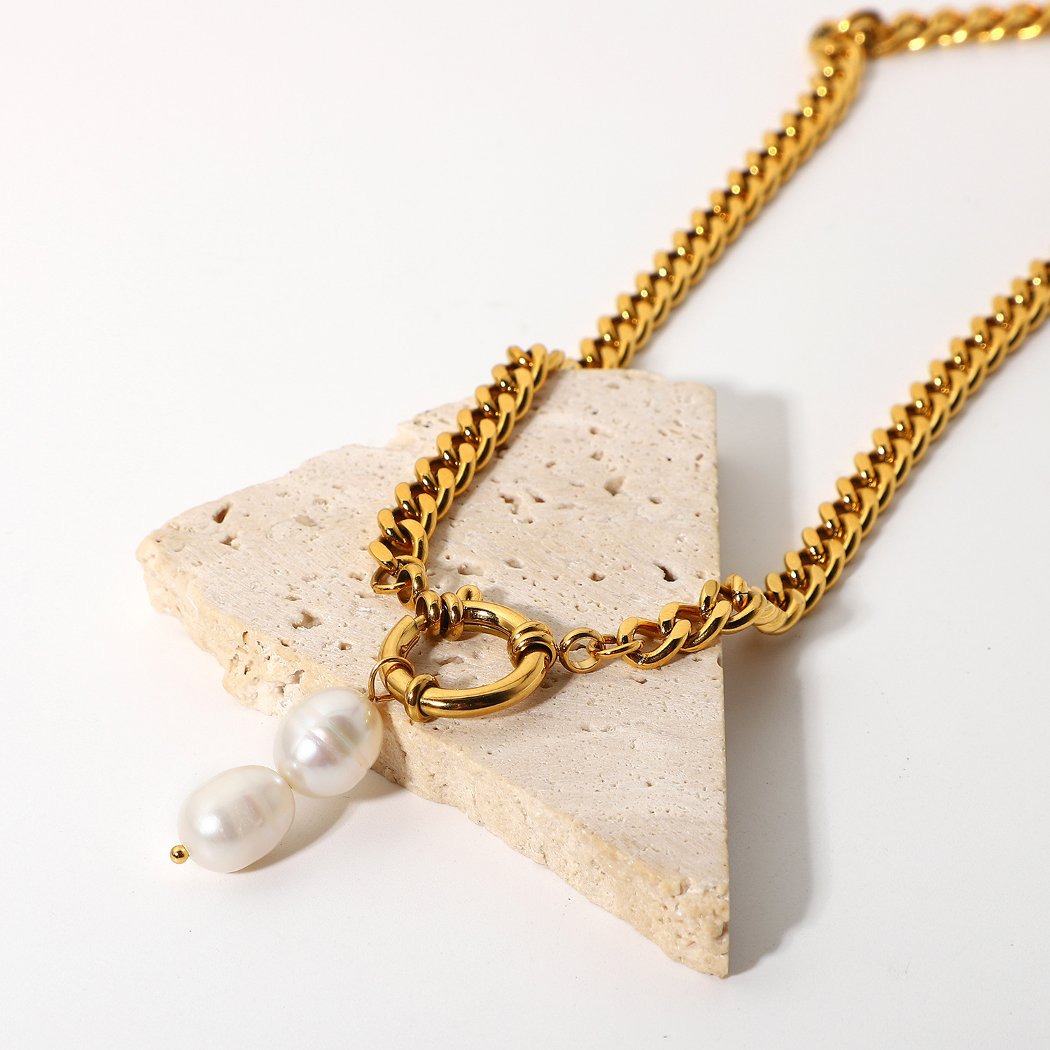 75538459 1623 4a7d 8335 98e356ce55f9 European And American Stainless Steel 18K Gold Two Pearl Pendant Cuban Link Chain Necklace