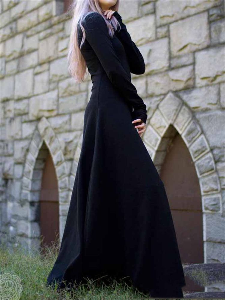 Gothic Long Sleeve Dress - Vintage Black Train Skirt Style