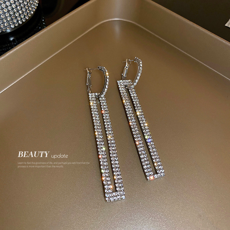 7ab5b9a8 d490 4458 bc31 100d65c875bf Silver Post Fashion Exaggerated Rectangle Earrings With Diamonds