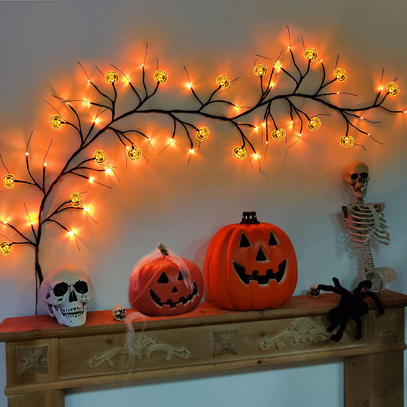 Warm-glowing Halloween rattan lights with bat and pumpkin shapes