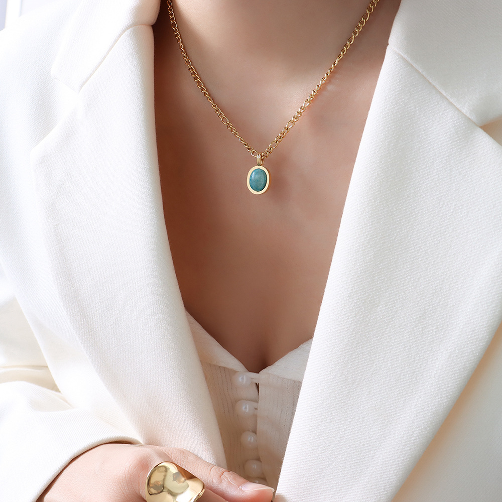 7ec74a11 5b7c 4813 bc38 4953c1ac2f91 French Light Luxury Gold Plated Titanium Steel Necklace For Women Natural Amazonite Pendant Clavicle Chain Party Jewelry