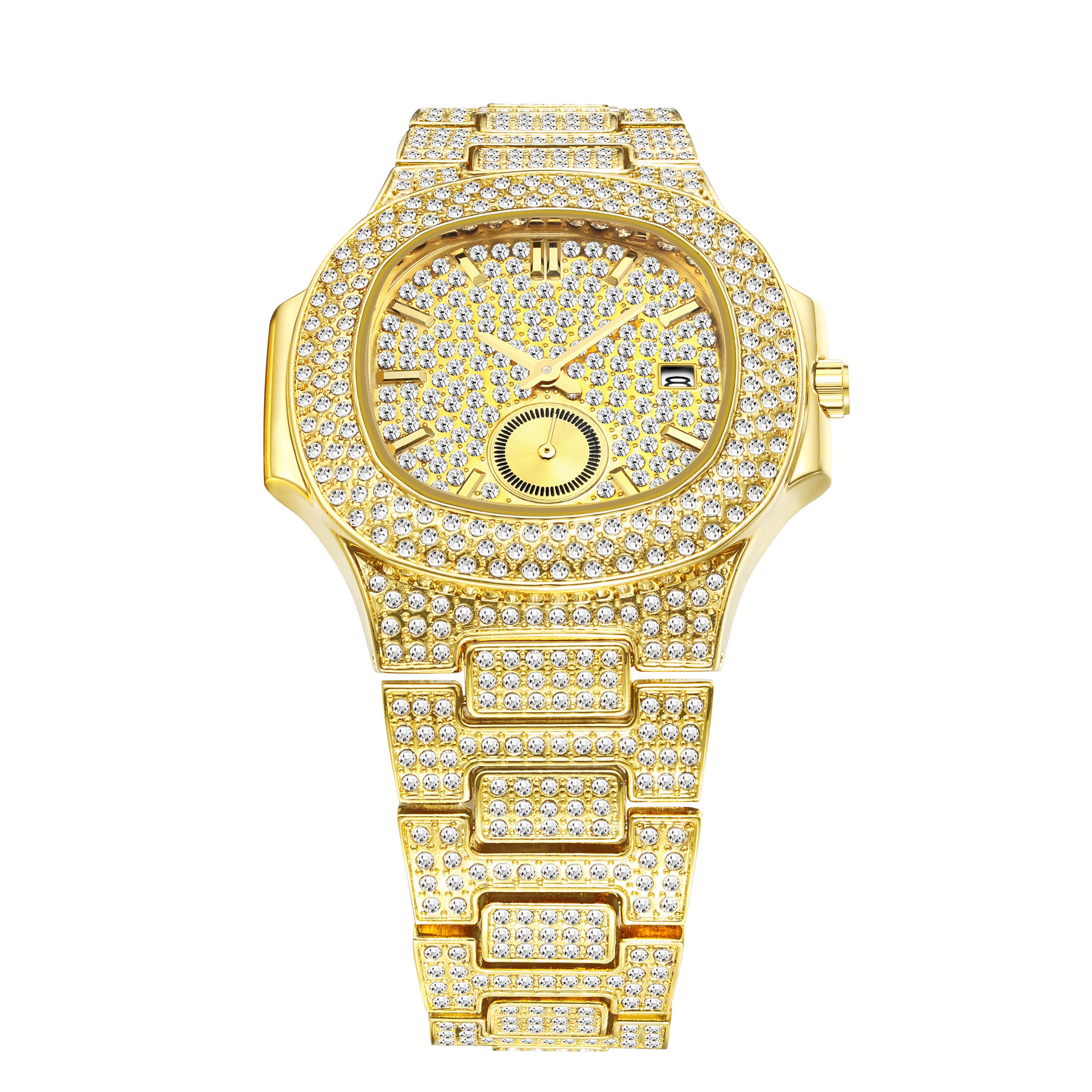 8158ffca ef1f 49d8 886a c338299c0067 Hip Hop Full Diamond Dial High-end Gold Full Diamond Men's Quartz Watch