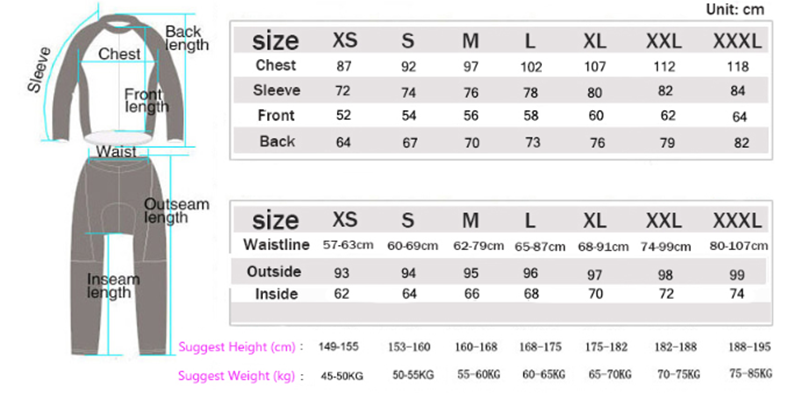 Size chart for Long-sleeved Cycling Jersey Suit for men with a thin Section for Warmth - A.A.Y FASHION