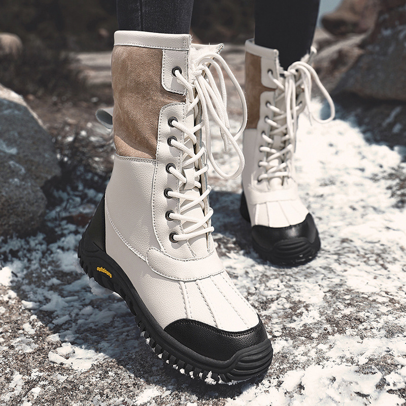 High Top Waterproof Lace-up Plush Lining Snow Pu Leather Boots