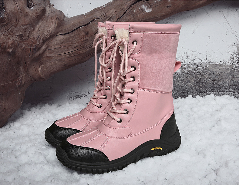 High Top Waterproof Lace-up Plush Lining Snow Pu Leather Boots