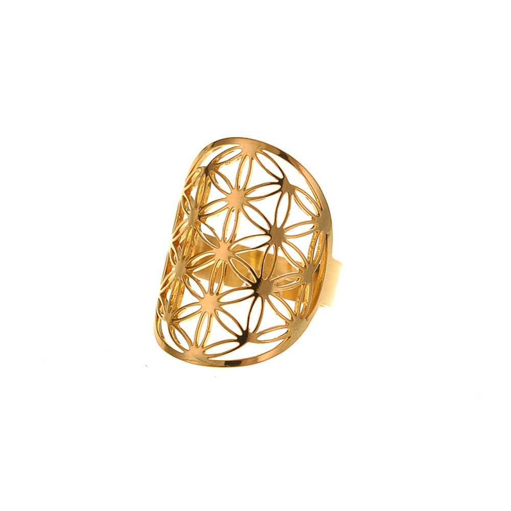 85ae5c25 2e85 46f3 912d 54014911a524 Stainless Steel Jewelry Popular Ring Flower Of Life Golden Steel Color Hollow Ring