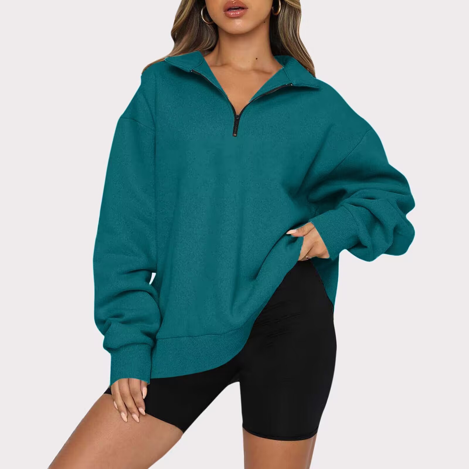 Women Sweatshirts Zip Turndown Collar Loose Casual Top