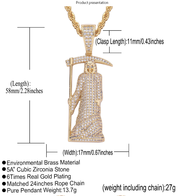 9d0bdfe0 6b92 40b0 8ab8 d674e888b58b Hip Hop Pendant Special Trendy Style Real Gold Plated Copper Inlaid Zircon Death Sickle Necklace