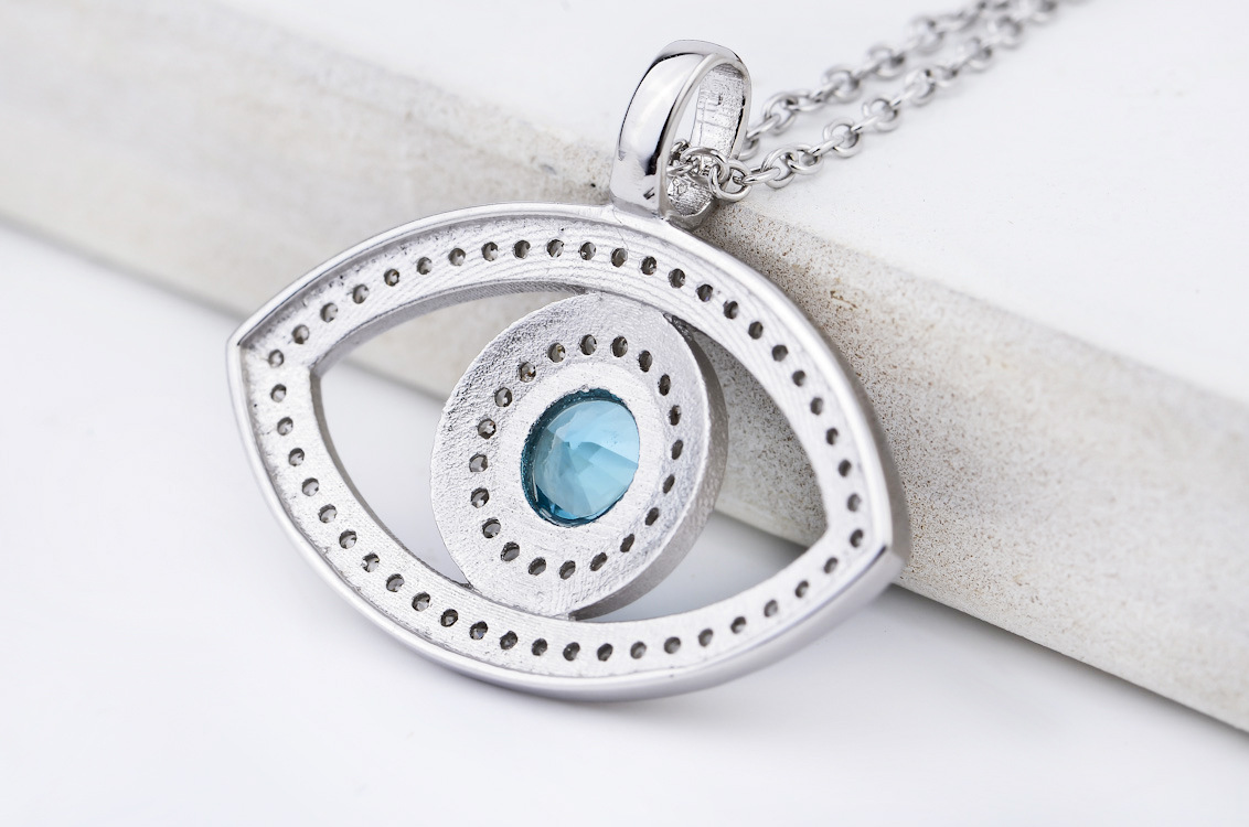 Evil Eye Protection Pendant Necklace in Blue Cubic Zirconia Sterling Silver - Treasure Supply