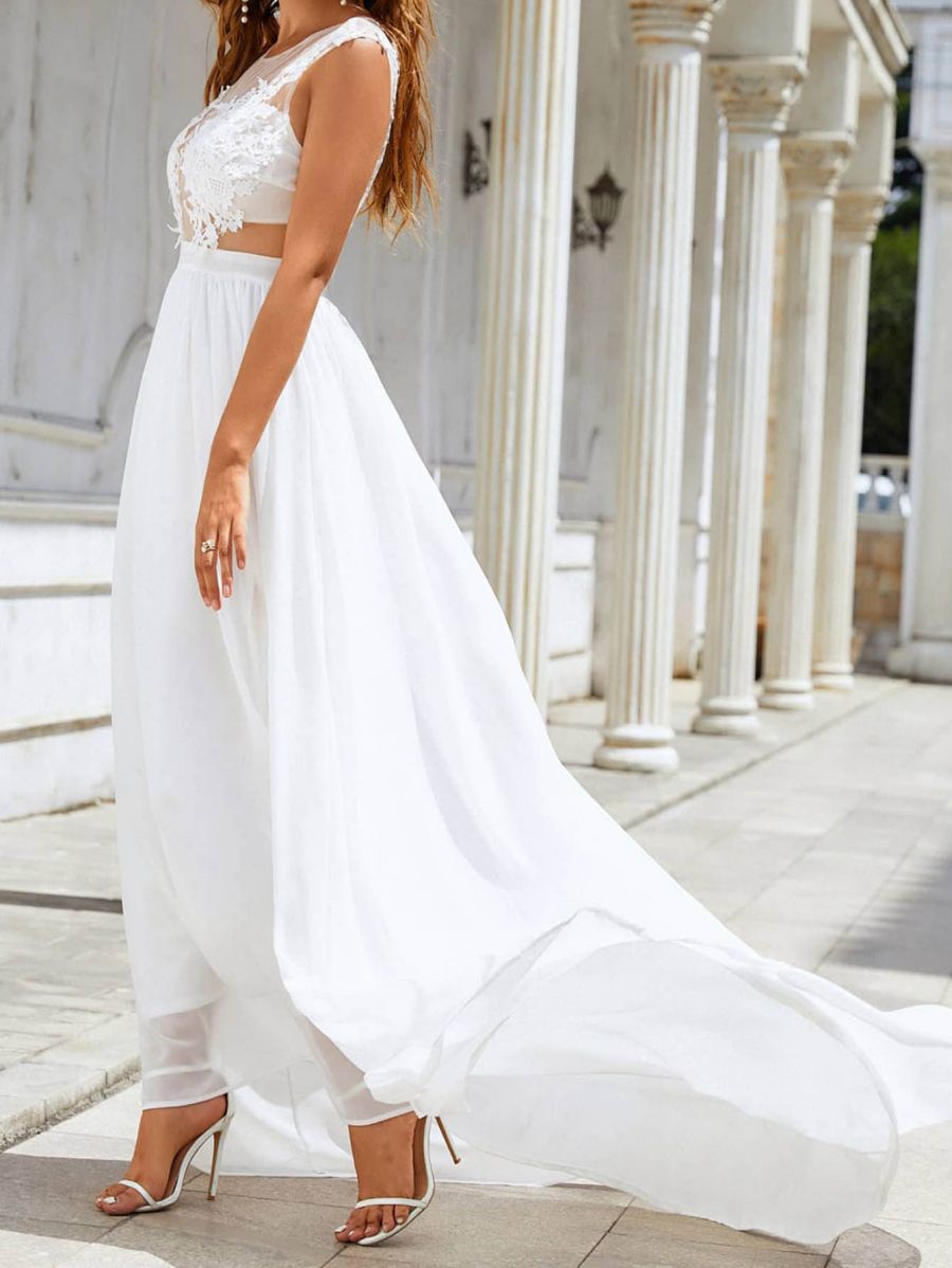 Chiffon Lace Top Wedding Dress