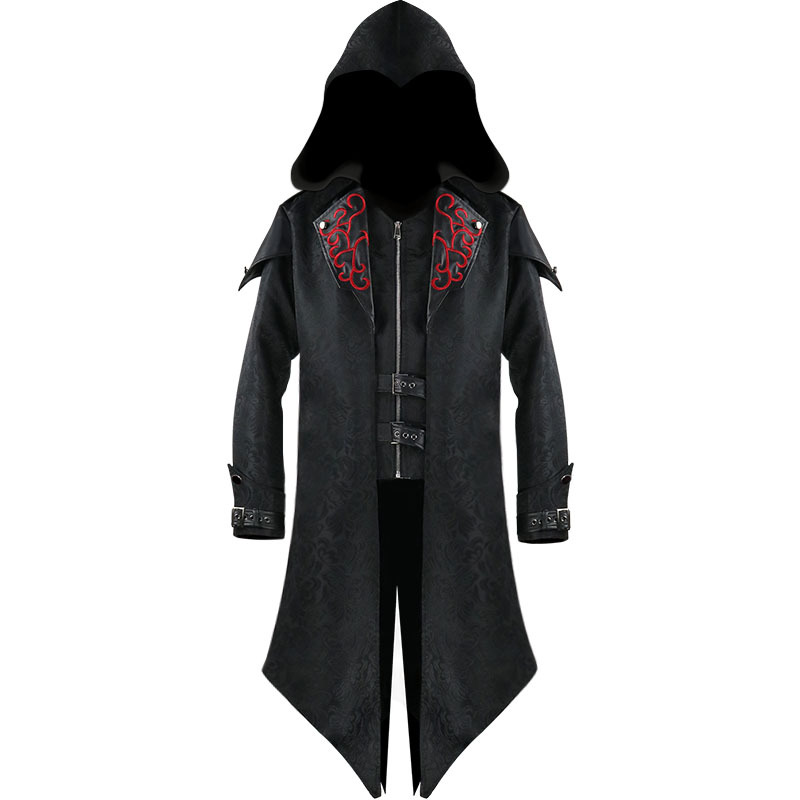Men's Medieval Embroidered Trench Coat Jacket in Grey