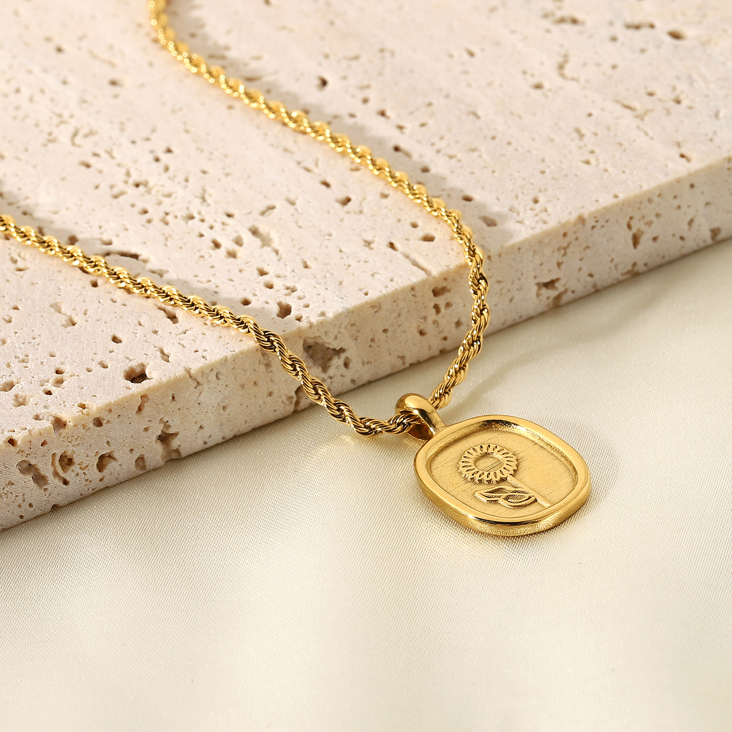 a4788f2a 692d 4c5d bebb 653eb69db821 18K Gold Plated 316l Stainless Steel Oval Coin Rose Pendant Necklace