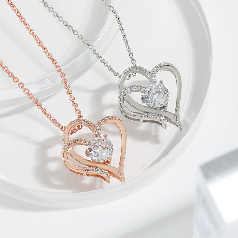 "Dazzling Zircon Double Love Necklace – Rhinestone-inscribed, personalized heart pendant. Perfect Valentine's Day clavicle chain for women."